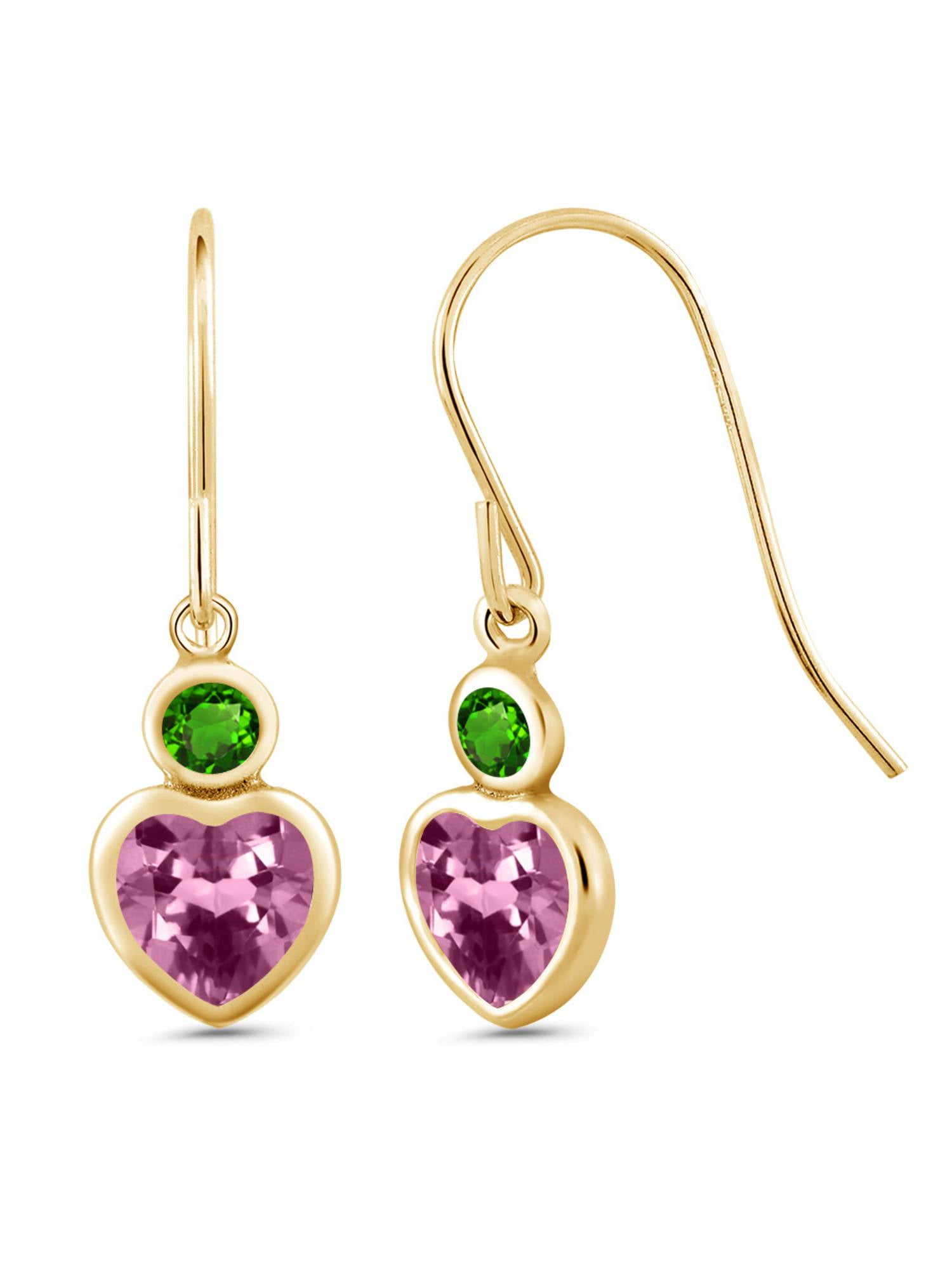 1.16 Ct Pink Tourmaline Green Simulated Tsavorite 14K Yellow Gold Earrings by
