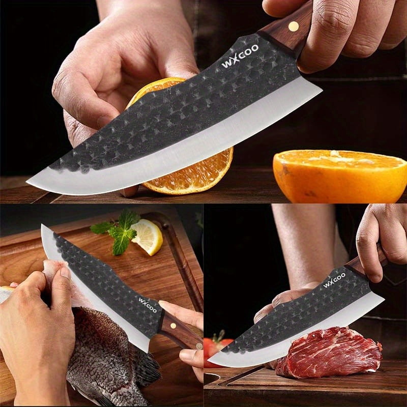 1PC/3PCS High Carbon Steel Boning Knife with Knife Sheath Wood Handle Handmade Forged Sharp Cutting Multipurpose Barbecue Meat Cleaver Utility Knife for Cooking