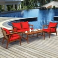 thumbnail image 3 of Costway 4PCS Patio Rattan Furniture Set Acacia Wood Frame Cushioned Sofa Chair Red, 3 of 10