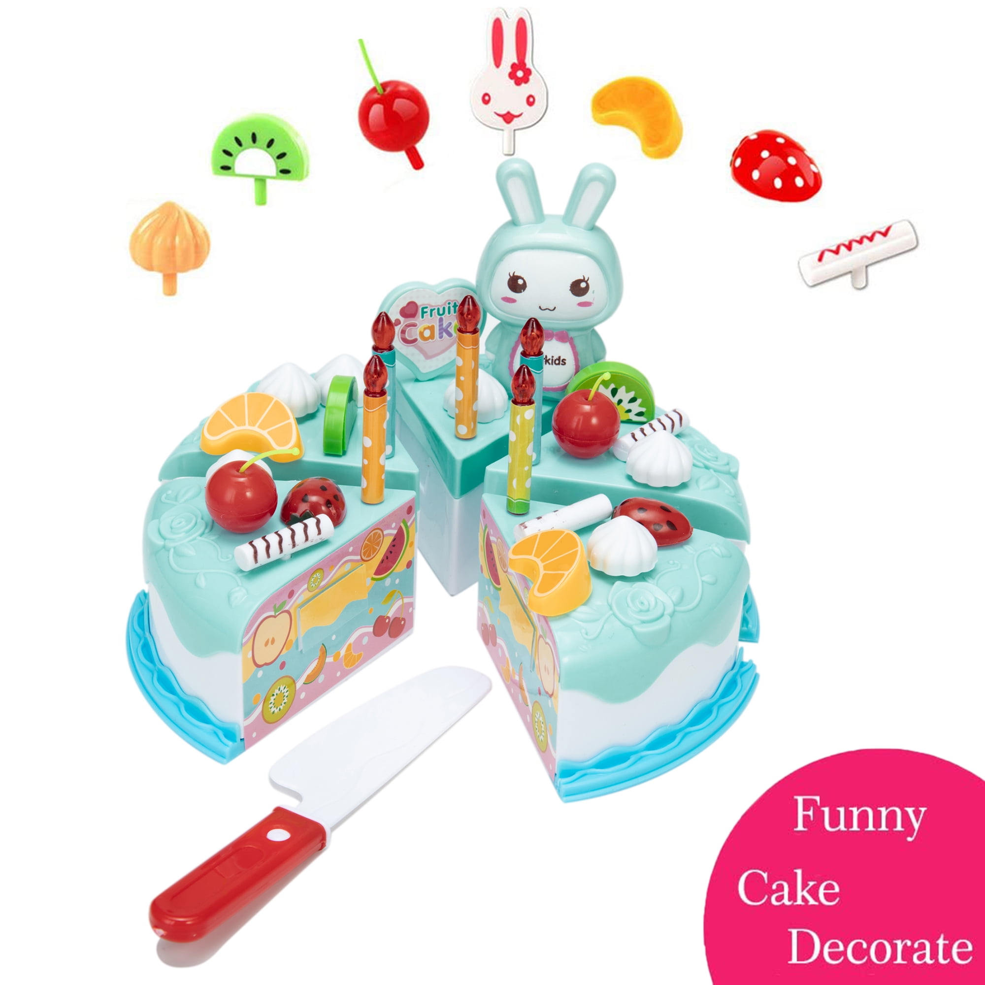 NK 37Pcs Plastic Cake Pretend Play Food Toy Set, DIY Birthday Cake Gift