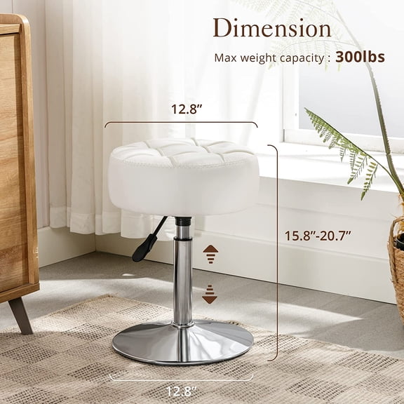 Adjustable Vanity Stool, 360 °   Swivel White Faux Leather Chair for Makeup Room, Bathroom or Living Room, Compact Multi-Functional Ottoman Seat