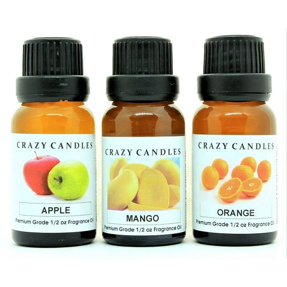 Crazy Candles 3 Bottles Set, 1 Apple, 1 Mango, 1 Orange 1/2 Fl Oz Each (15ml) Premium Grade Scented Fragrance Oils