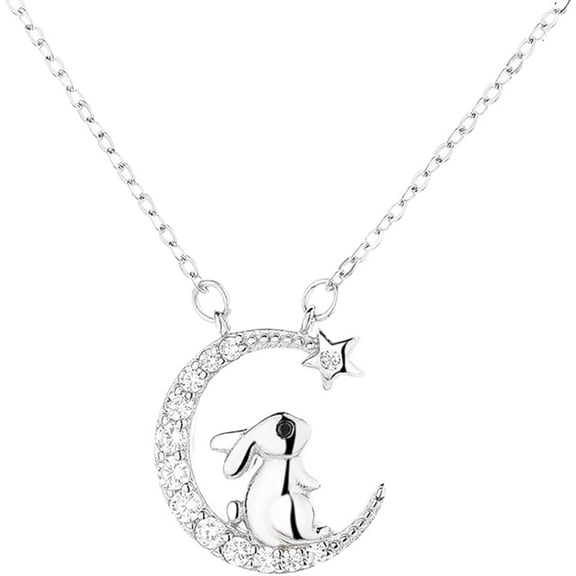 Rabbit Crescent Pendant Necklace for Women S925 Sterling Silver Rhinestone Moon Star Bunny Choker Necklaces Adjustable Link Chains Jewelry