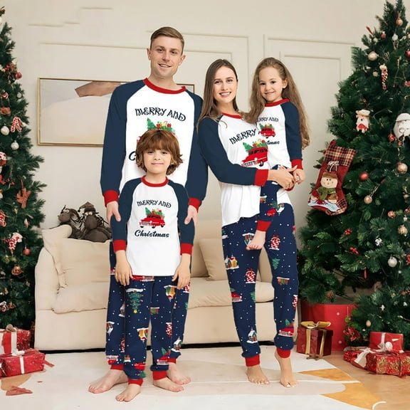Family Christmas Pajamas Matching Sets – Long Sleeve Tops and Pants with "Merry Christmas" Letter and Car Gift Print, Festive Holiday Sleepwear Outfits for Couples and Families
