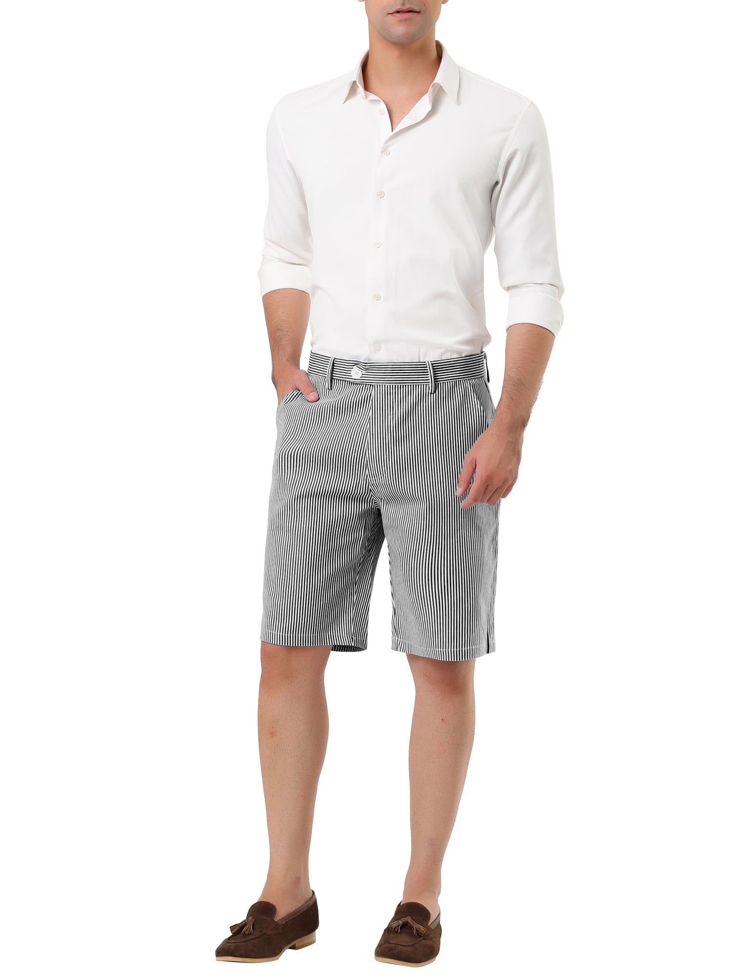 Unique Bargains Men's Mid-Rise Stripe Flat Front Chino Walk Shorts