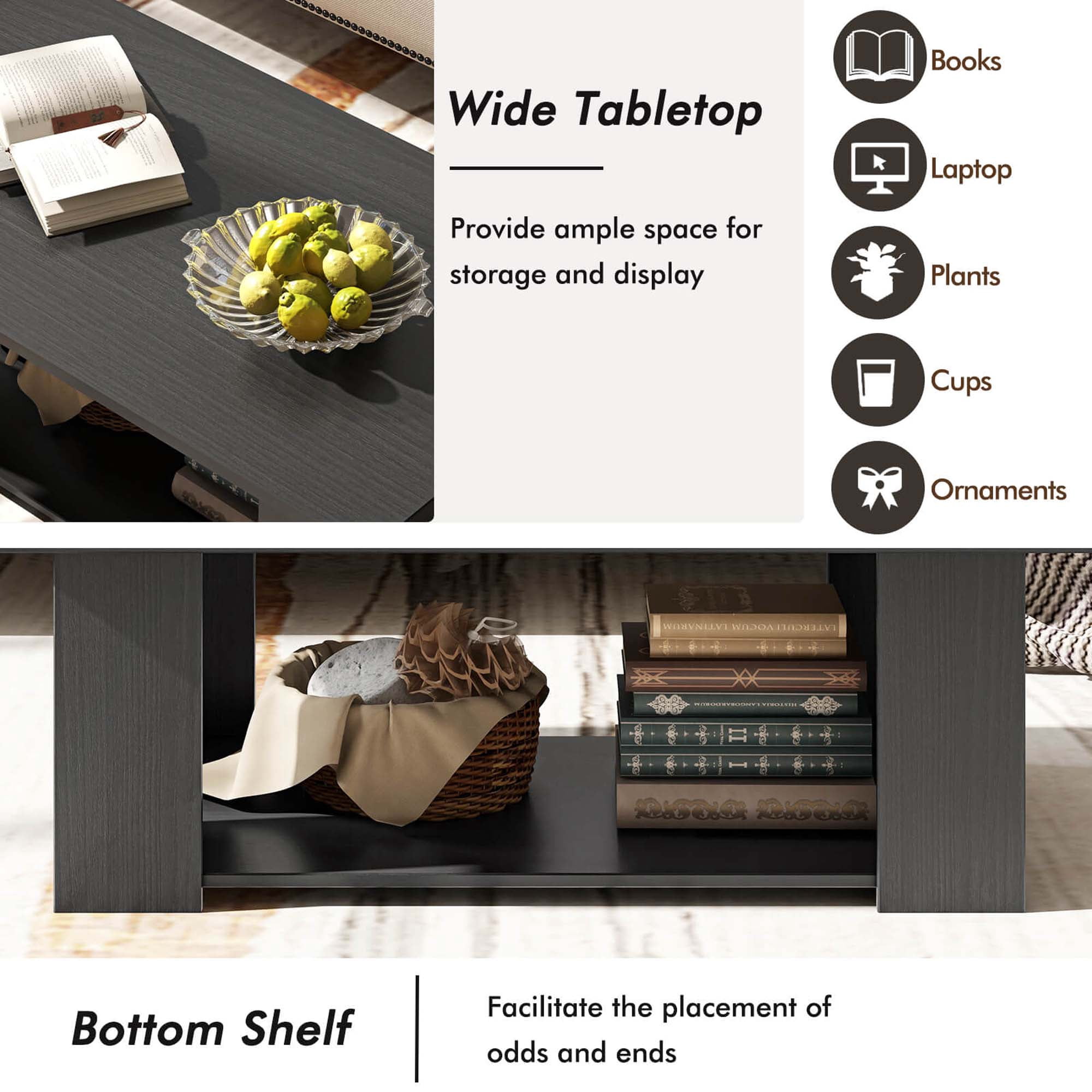 Costway Coffee Table 2-Tier Modern Center Cocktail Table with Storage Shelf for Living Room Black