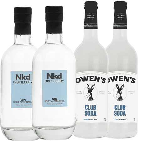 Nkd Distillery Gin 2 Pack Alternative Premium Non-Alcoholic Spirit 750 ML Bottles w 2 Pack Owen’s Mixers Club Soda 750 ML Bottles - Perfect for Mocktails - A