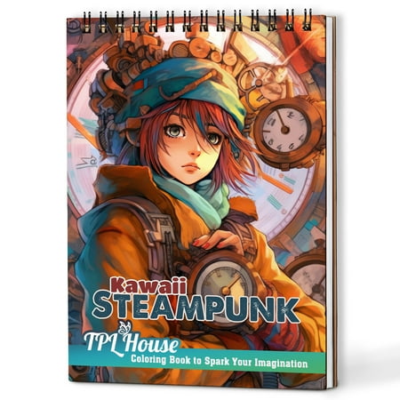 TPLHOUSE Kawaii Steampunk Girls Coloring Book Spiral Bound for Adults A5 Wooden Cover 30 Adorable Coloring Pages in Mysterious Adventures for Stress Relief and Relaxation