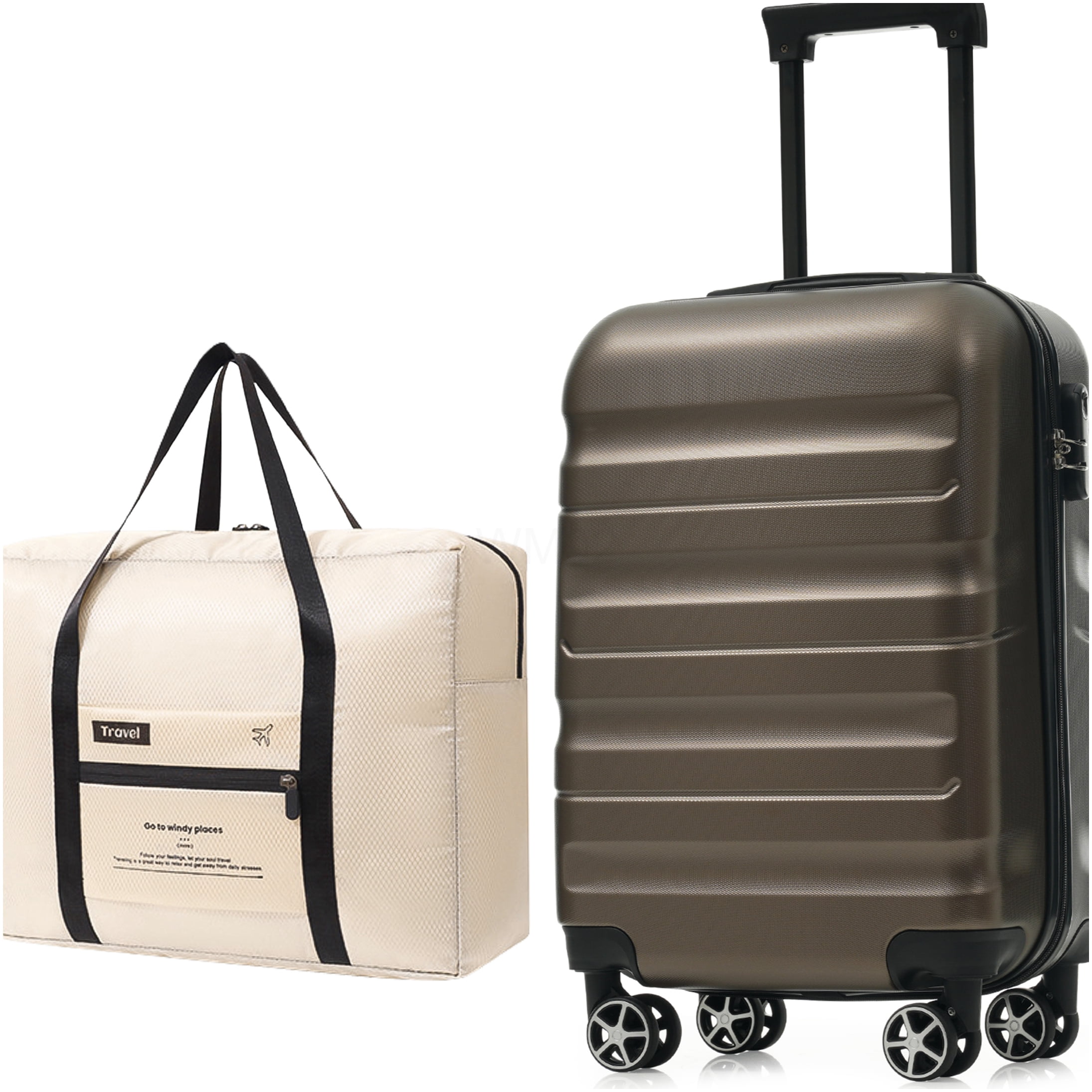 Brown ABS Hardshell Carry-On Luggage with Spinner Wheels and Foldable Duffel Bag, 20Inch Lightweight Suitcase for Travel