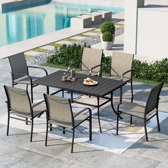 SUMMIT LIVING 7-Piece Outdoor Patio Dining Set with 6 Textilene Chairs & 60" Rectangle Metal Steel Table with Umbrella Hole, Black & Tan
