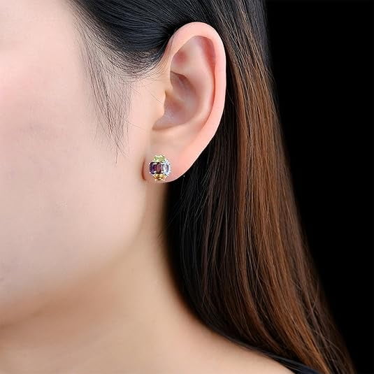 Divine_creation 2.10 Ct Oval Cut Multi Sapphire Womens Stud Earrings Push Back 14K White Gold Plated 925 Sterling Silver
