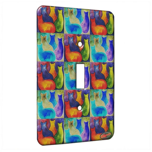 KuzmarK™ Single Gang Toggle Switch Wall Plate - Four Colorful Two Tone Kitties Abstract Cat Pattern Art by Denise Every