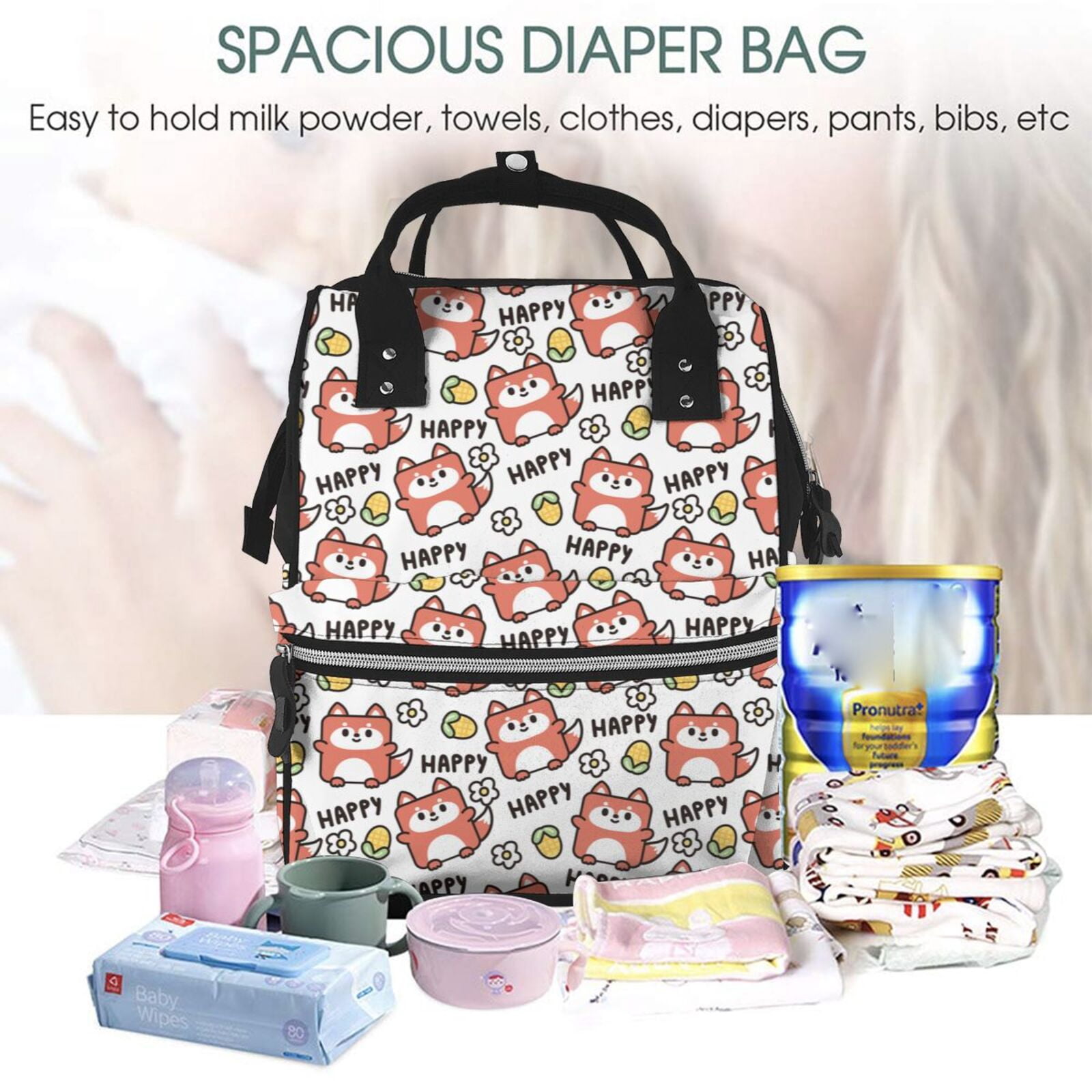 Fuzoiu Happy Foxy Faces Print Diaper Bag Backpack,Baby Essentials Travel Tote,Multi function Waterproof Diaper Bag, Travel Essentials Baby Bag - Unisex
