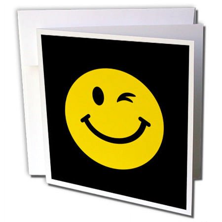 3dRose Winking Smiley Face - yellow, happy, flirty, cheeky, cute fun cartoon on black - Greeting Card, 6 by 6-inch