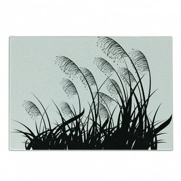 Black and White Cutting Board, Silhouette of Bushes Wild Plants Wheat Field Twiggy Herbs Seasonal Picture, Decorative Tempered Glass Cutting and Serving Board, Small Size, White Black, by Ambesonne