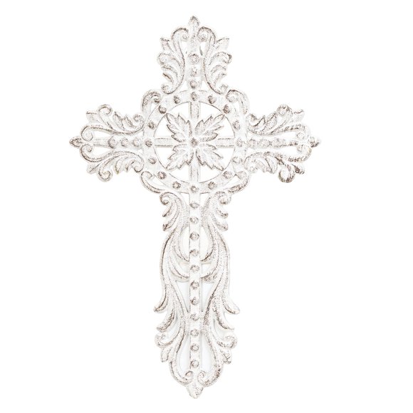 Sungmor Décoration Murale Croix en Fonte - Art en Métal Orné et Joli, Décoration Vintage Extérieure Suspendue, Sculpture Religieuse Rustique Blanche pour Maison de Ferme