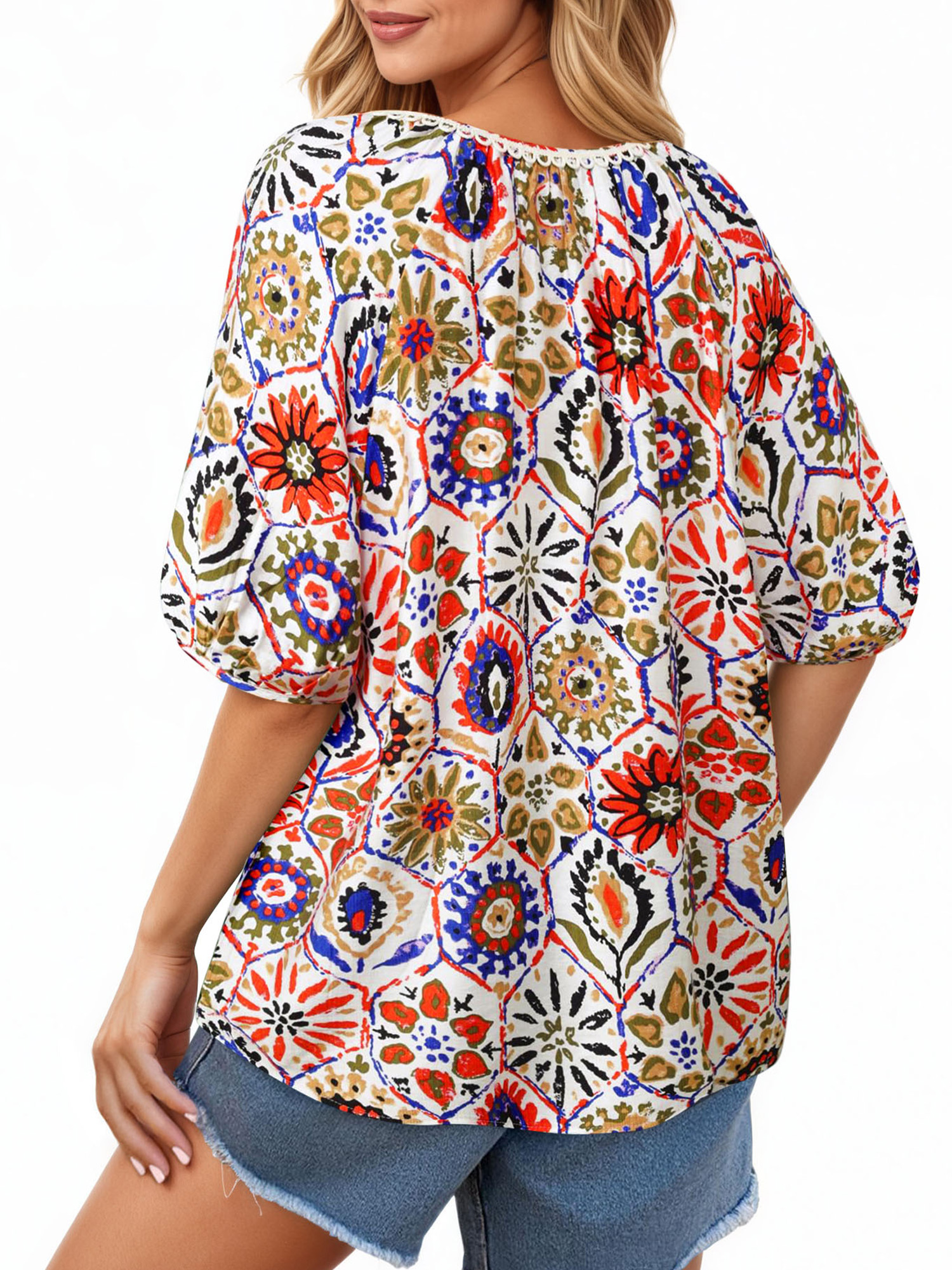 UVN Women's Boho Floral Tie-Front Blouse, Multicolor photo 4