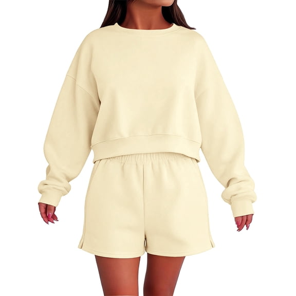 GZWYHT Sweatshirt and Shorts Set 2 Piece Sets for Women Sweat Shorts Set Bride Sweatsuit Shorts Sets Women 2 Piece Outfits Matching Sets Women Clothing Cute Lounge Sets for Women Travel Beige L
