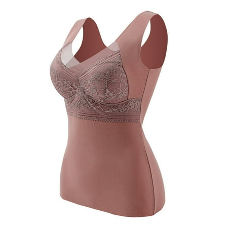 Kcodviy Sleeveless Thermal Shirts For Women With Non Detachable Built In Bra V Neck Vest Lined Underwear Thermal Tank Tops Lace Underwear Mens Thermals Top And Bottom Set Cotton Thermal Underwe