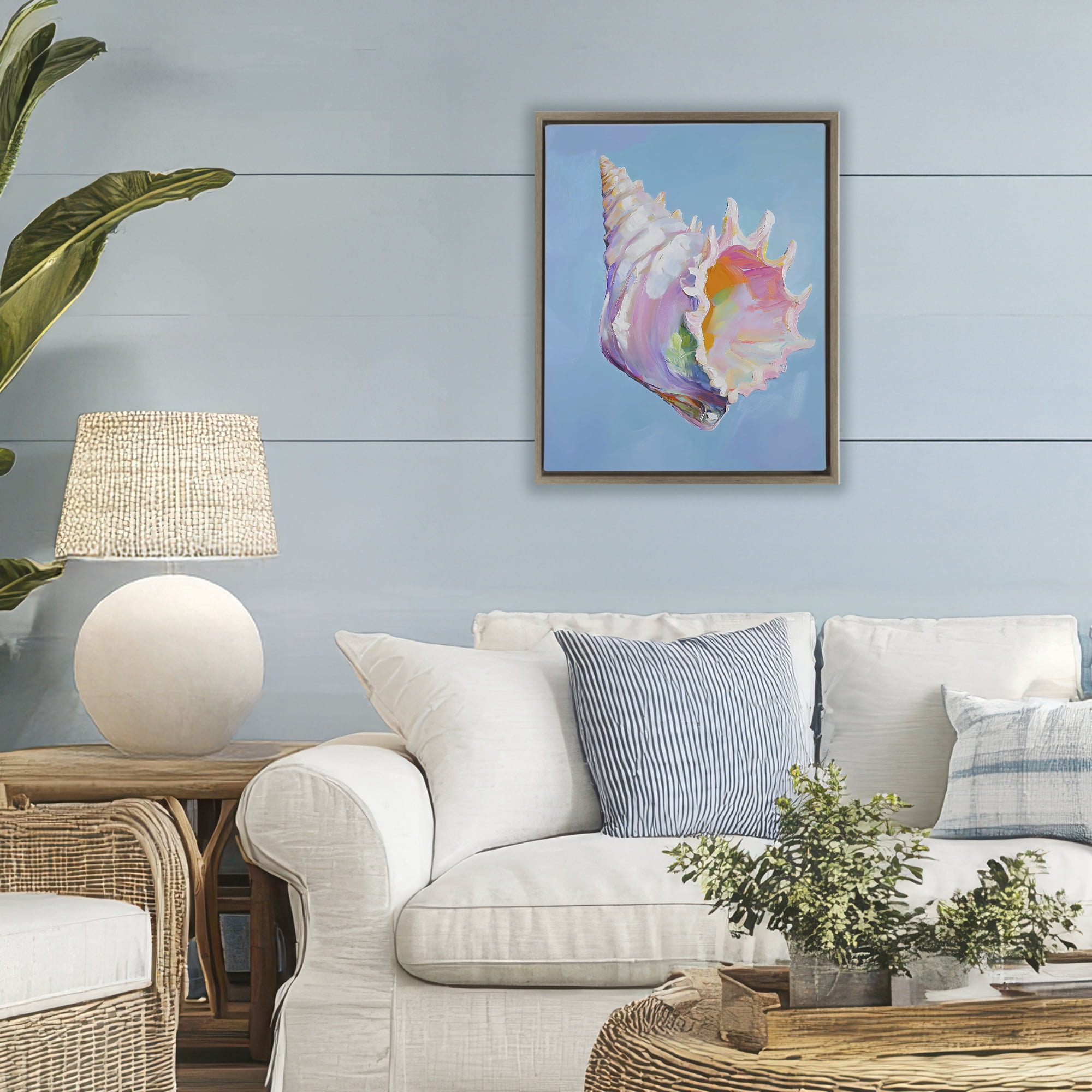Stupell Industries Pastel Hued Conch on Blue Brown Framed Floater Canvas Wall Art, design by The Prints Vibe