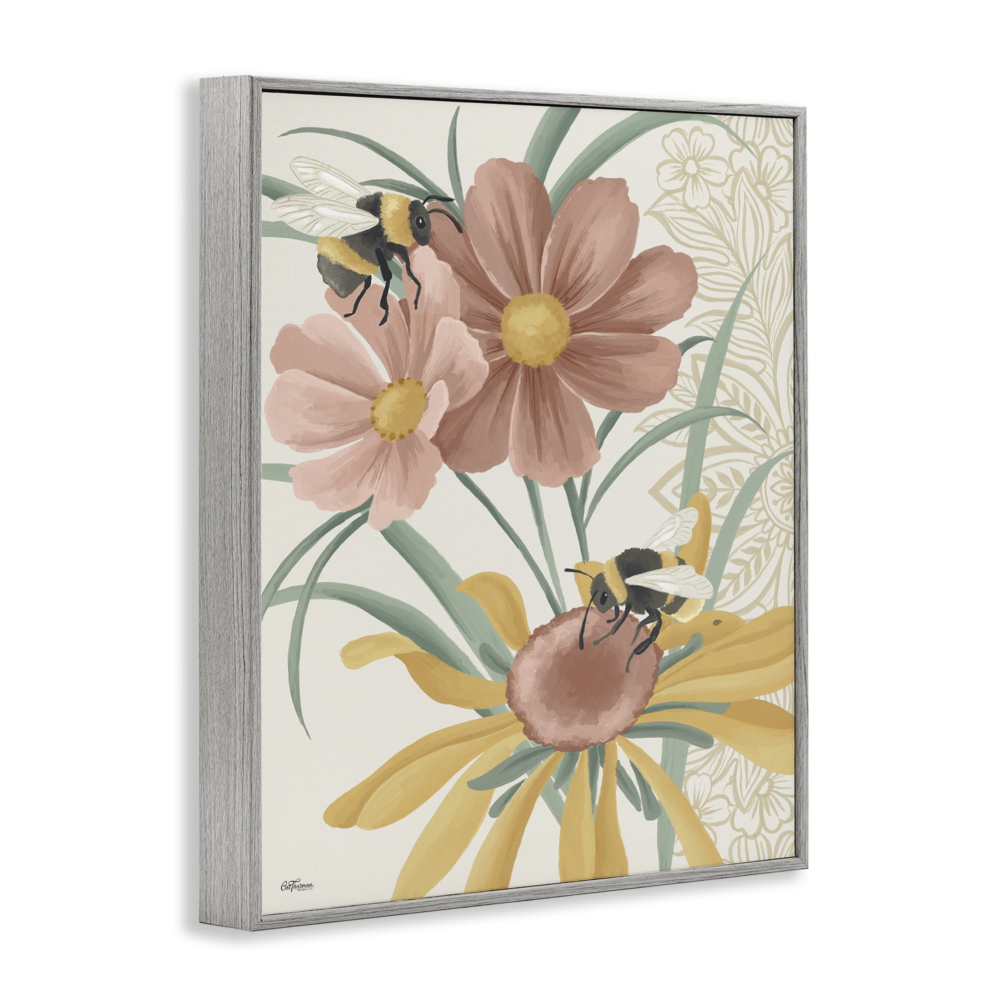 Stupell Industries Pollinating Bumble Bees Botanical & Floral Painting Gray Framed Art Print Wall Art, 24 x 30