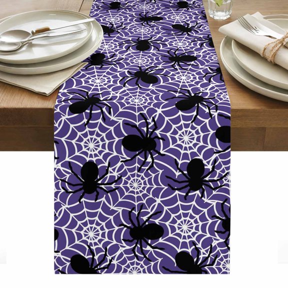Halloween Table Runner - 120 Inch Long, Kitchen Dining Table Runner Dresser Scarves, Fall Black Spiderwebs Halloween Purple Webs Farmhouse Decor for Coffee Tables Wedding Party Banquet