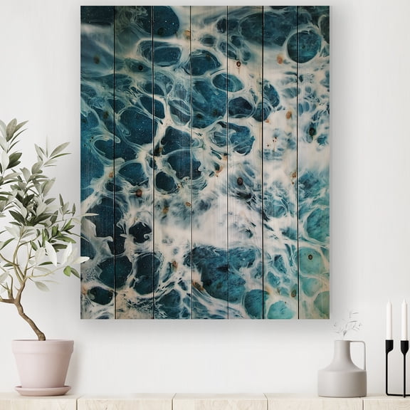 Designart 'Abstract Ocean Waves IV' Modern Print on Natural Pine Wood