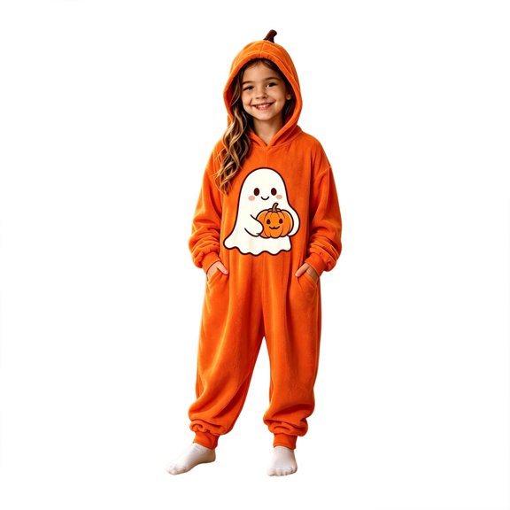 Rhuody Halloween Onesies For Girl Crewneck Pajamas Cartoon Pumpkin Pattern Long Sleeve Jumpsuit 4-5 Years Orange