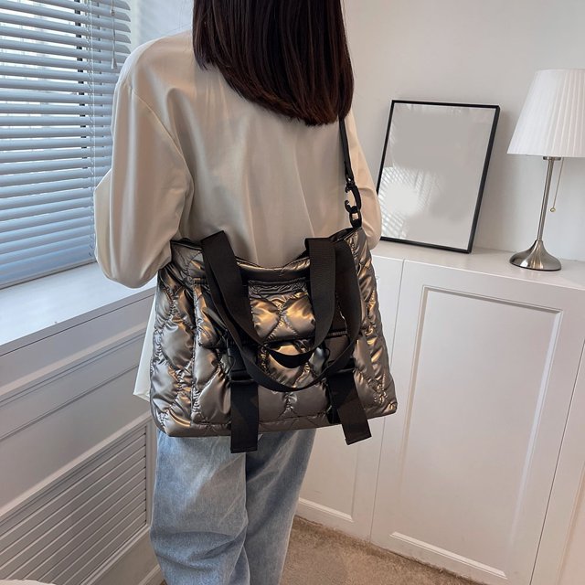 Bolso De Hombro Bolso Bolso de hombro para mujer, bandolera informal de nailon con relleno de algodón, bolso grande (plateado)