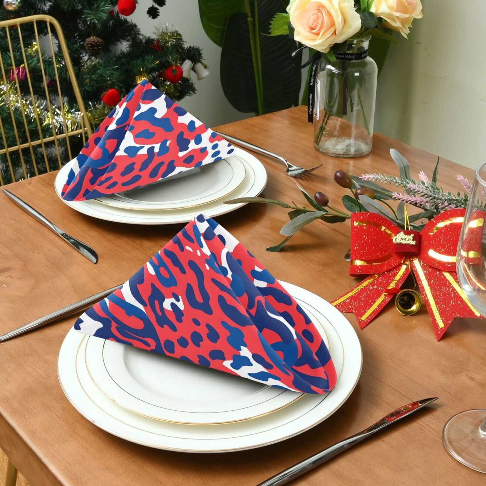 JSTEL Red & Blue Leopard Cheetah Print Cloth Napkins Set of 6, 20x20 Inch Washable and Reusable Napkin for Decoupage Dinner Party Everyday Use
