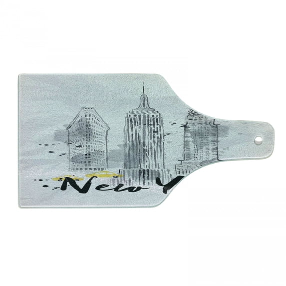 Watercolor Cutting Board, Skyscrapers Empire State Building Old Wonders of American Architecture Sketch, Tempered Glass Cutting and Serving Board, Wine Bottle Shape, Black White, by Ambesonne
