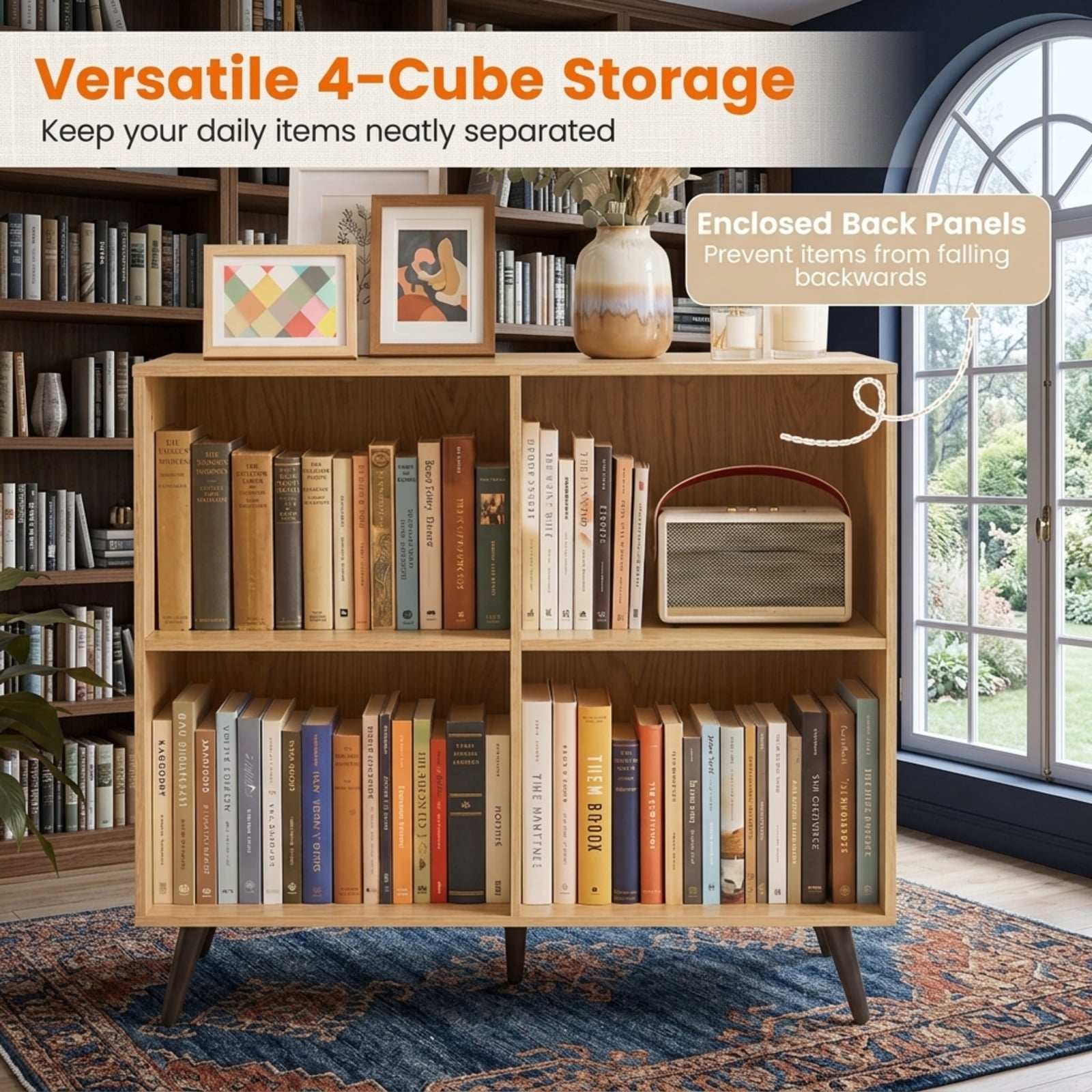 Furnibear 4-Cube Wooden Bookshelf, Freestanding Storage Bookcase with 5 Metal Legs and Enclosed Back for Living Room Home Office, Natural