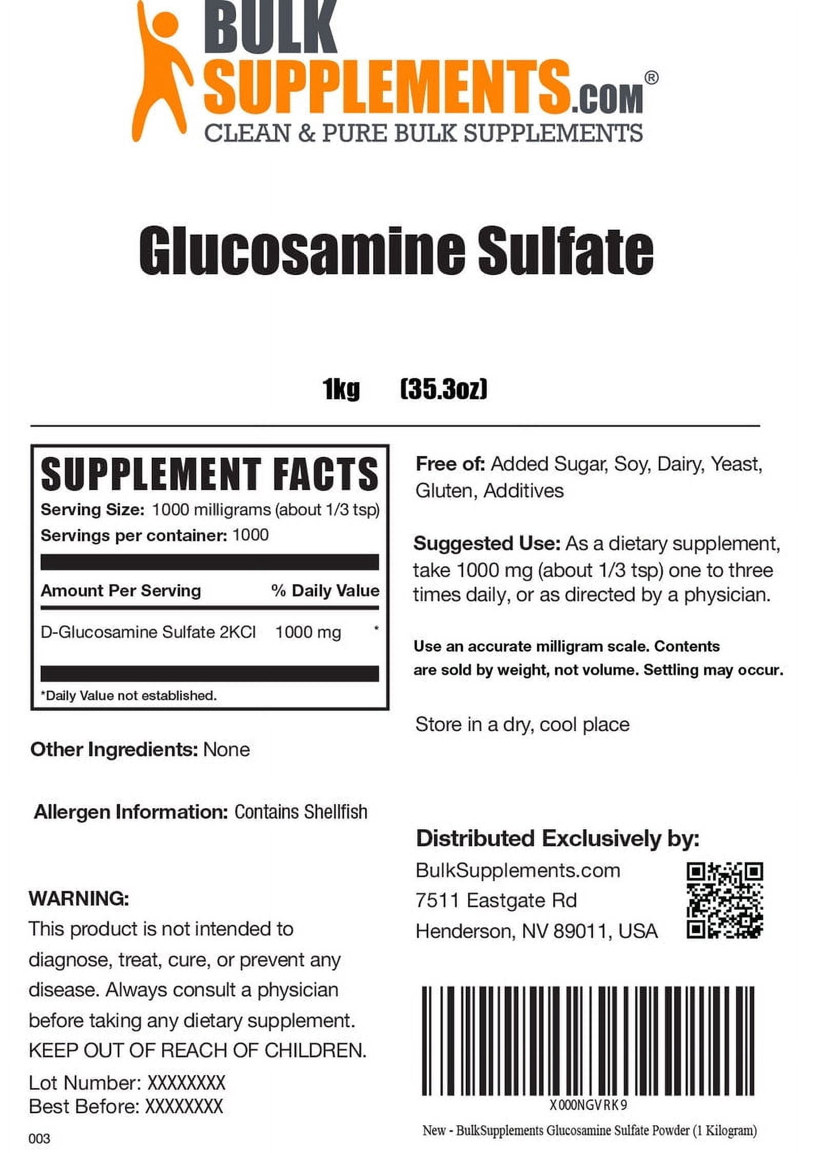 BulkSupplements Glucosamine Sulfate Powder - 1g per Serving - 1 Kilogram (2.2 lbs) - 1000 Servings