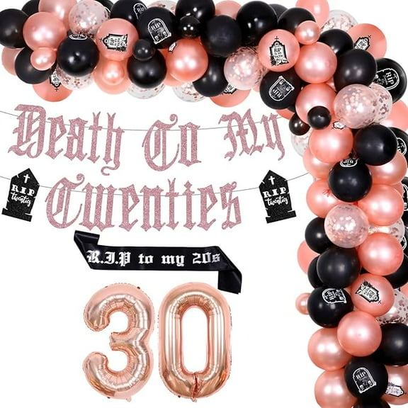 Rip Twenties 30th Birthday Party Decorations for Women, Black and Rose Gold Balloon Garland Death to My Twenties Banner Rip to My 20s Sash Number 30 Foil Balloons for 30th Birthday Party
