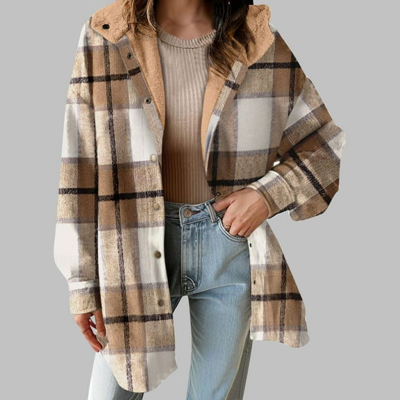 Guzom Womens Oversized Sherpa Lined Plaid Jacket - Khaki Mid-Length, Cotton Polyester, Fall Winter Casual Hooded Button Front,Size 2XL