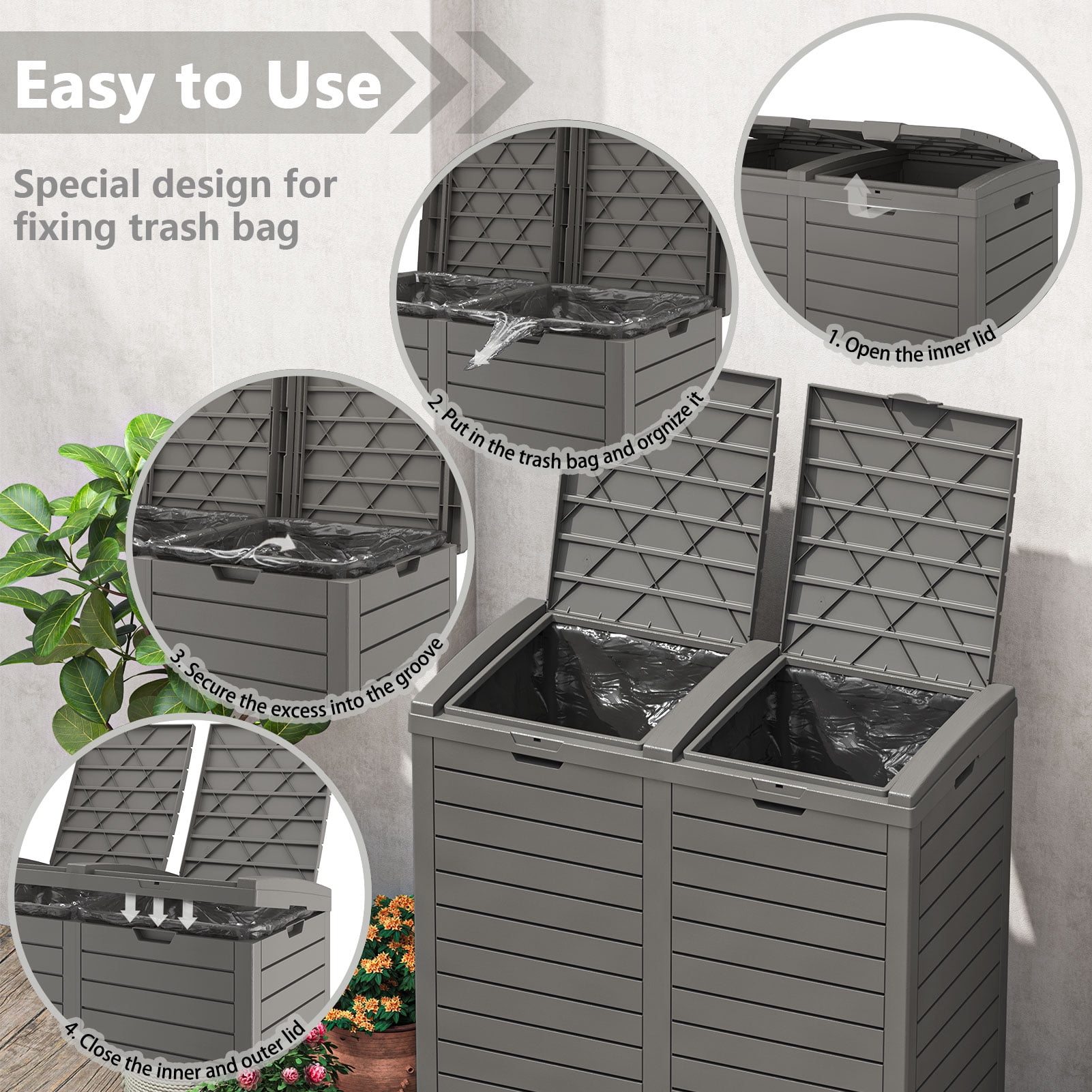 LHBcraft 62 Gallon Outdoor Trash Can, Waterproof Garbage Can with Tiered Lid and Drip Tray, Resin Outside Trash Bin for Patio, Backyard, Deck