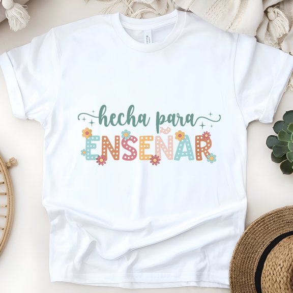 Hecha Para Enseñar T-Shirt, Spanish Teacher Shirt for Women, Floral Graphic Tee, White, Size S