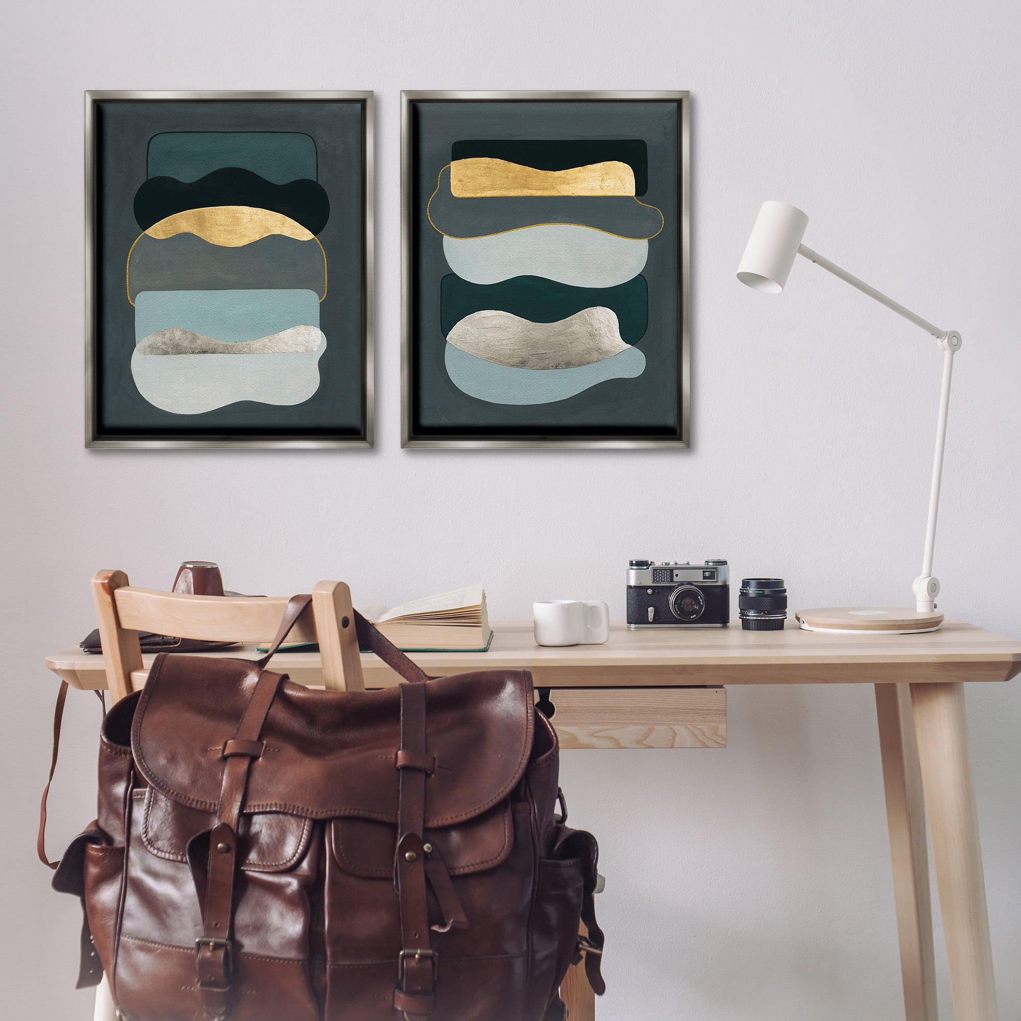 Stupell Industries Shapes with Glam Details Abstract Painting Gray Floater Framed Canvas Art Print Wall Art, 25 x 31, Set of 2