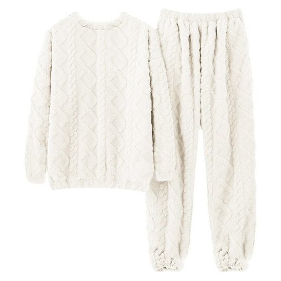 Skpblutn Casual Fashionable Silky Pajamas Ladies' Solid Color Jacquard Coral Velvet Thickened Velvet Warm Flannel Home Suit White One Size