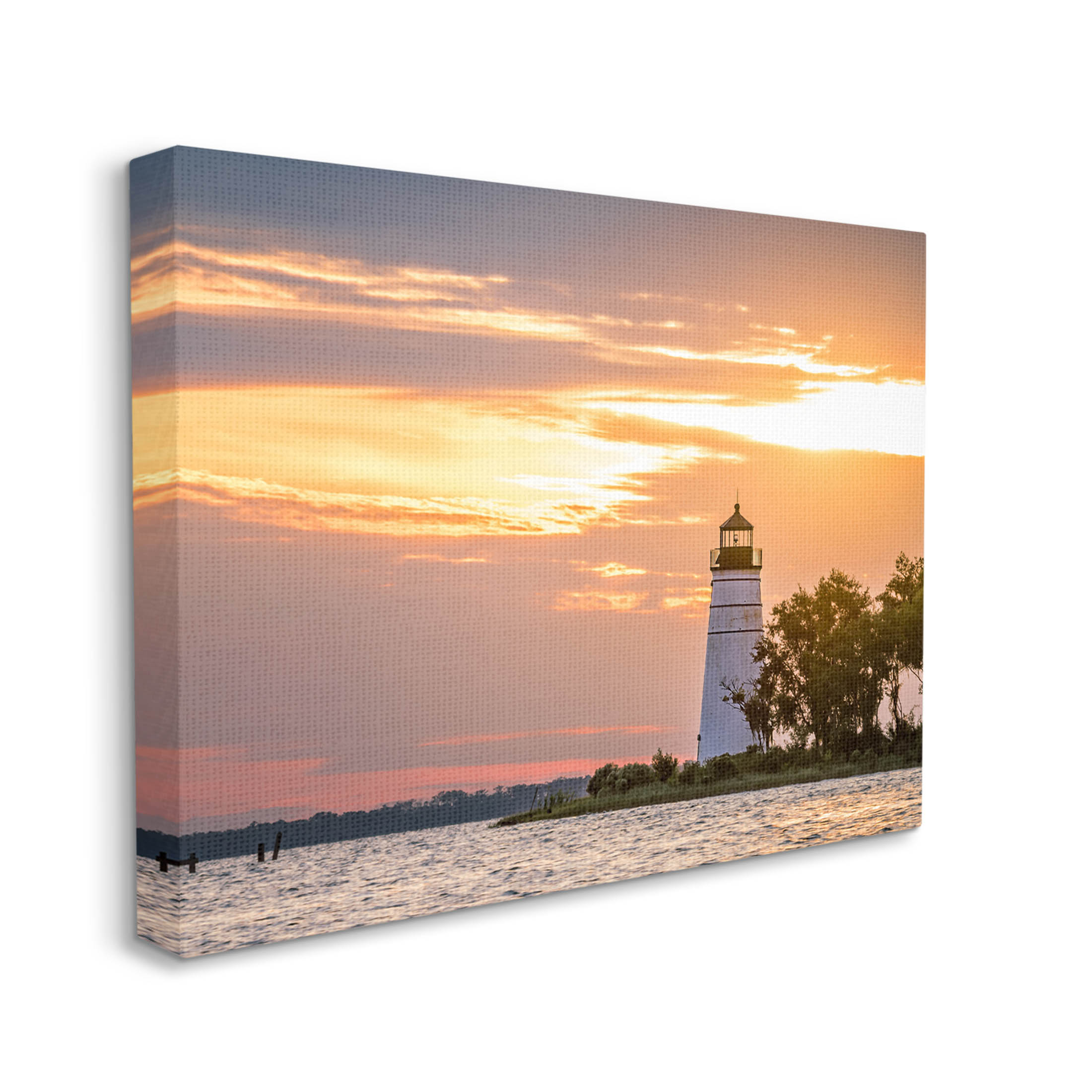 Nautical Lighthouse Sunset Horizon Coastal Photograph Gallery Wrapped Canvas Print Wall Art