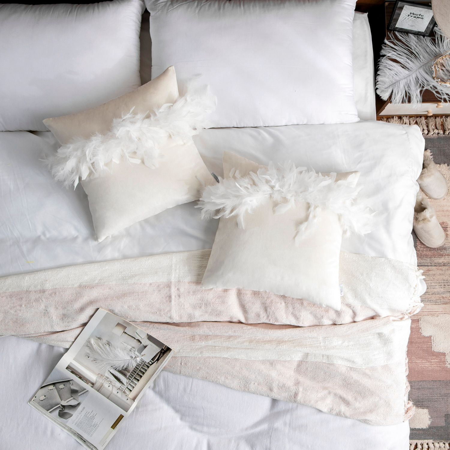 Phantoscope Feather Velvet Decorative Throw Pillows, 18 x 18 in, Off White, 2 Pack