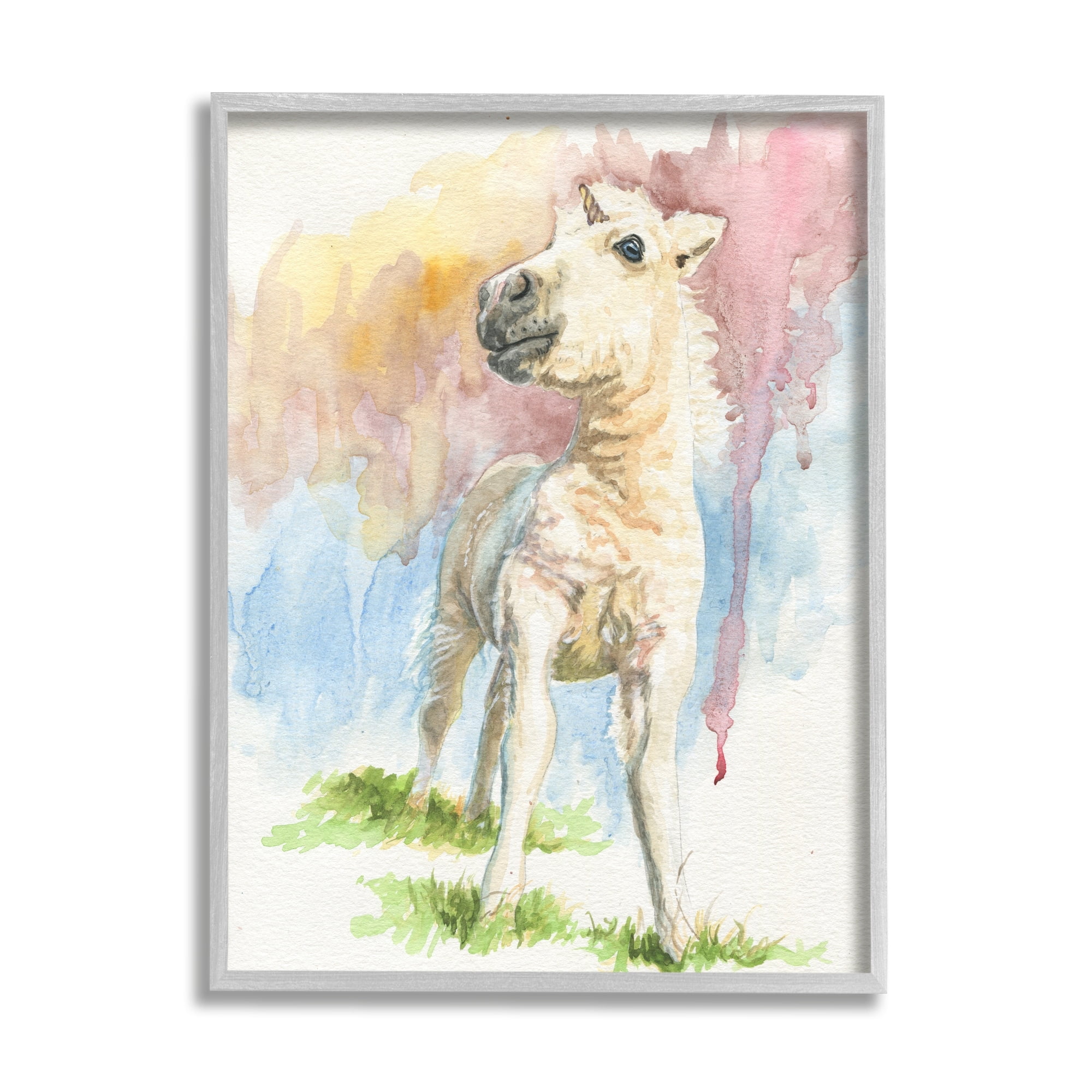 Stupell Industries Stoic Fantasy Unicorn Pastel Dripping Watercolor Detail Graphic Art Gray Framed Art Print Wall Art, Design by Jennifer Redstreake