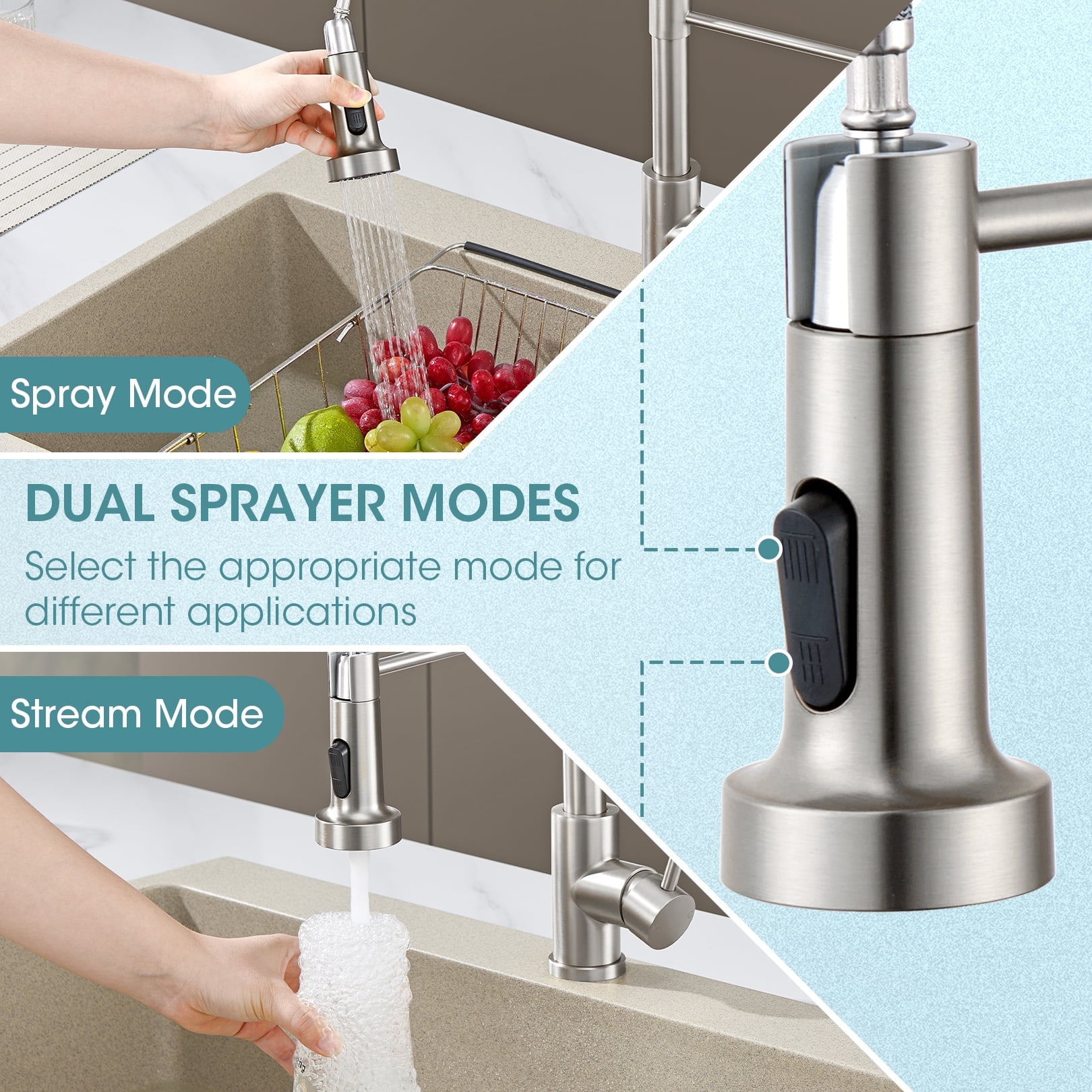 Wowkk Sanitary Ware 304 Stainless Steel Kitchen Faucet with Pull Out Sprayer, 2 Water Modes Single Handle Kitchen Sink Faucets with Deck Plate for Laundry Bar Patio Sink, Brushed Nickel