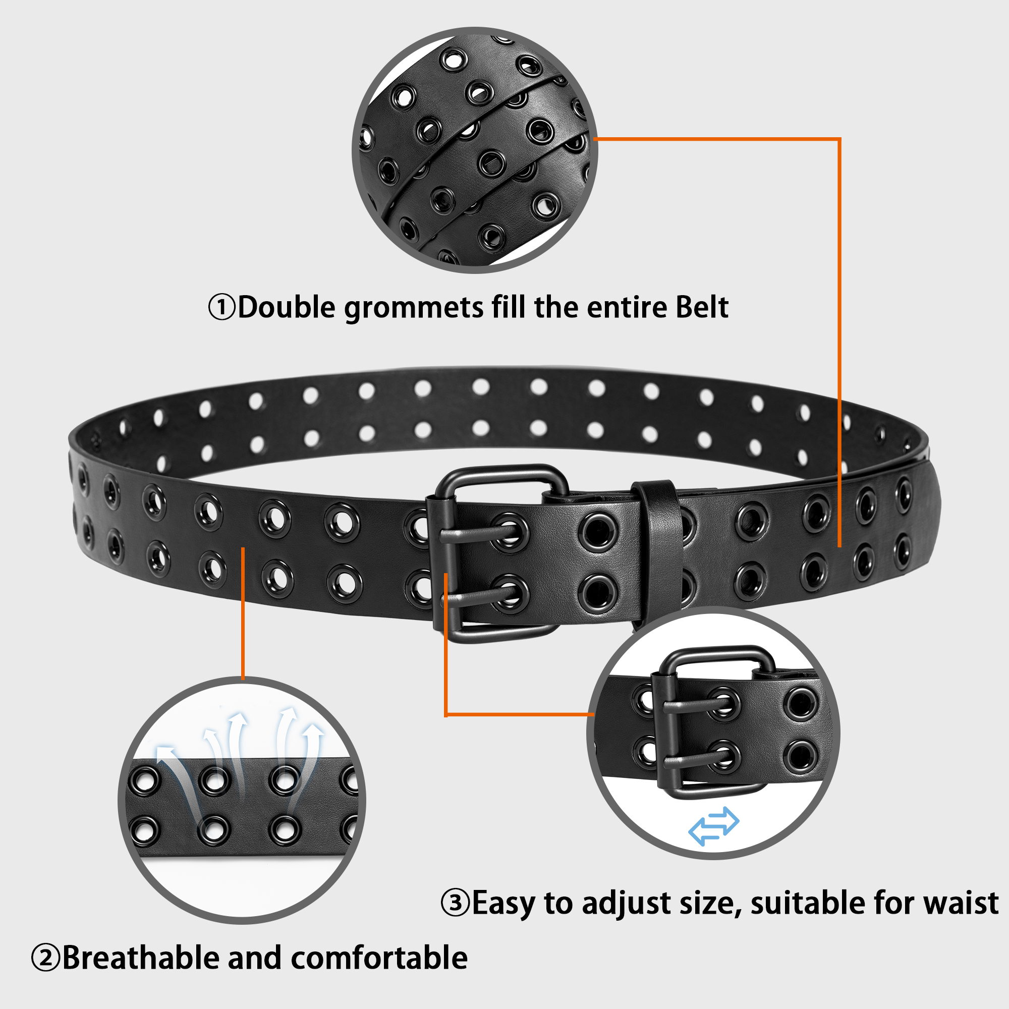 Maikun Punk Studded Grommet Belt Unisex Black photo 6