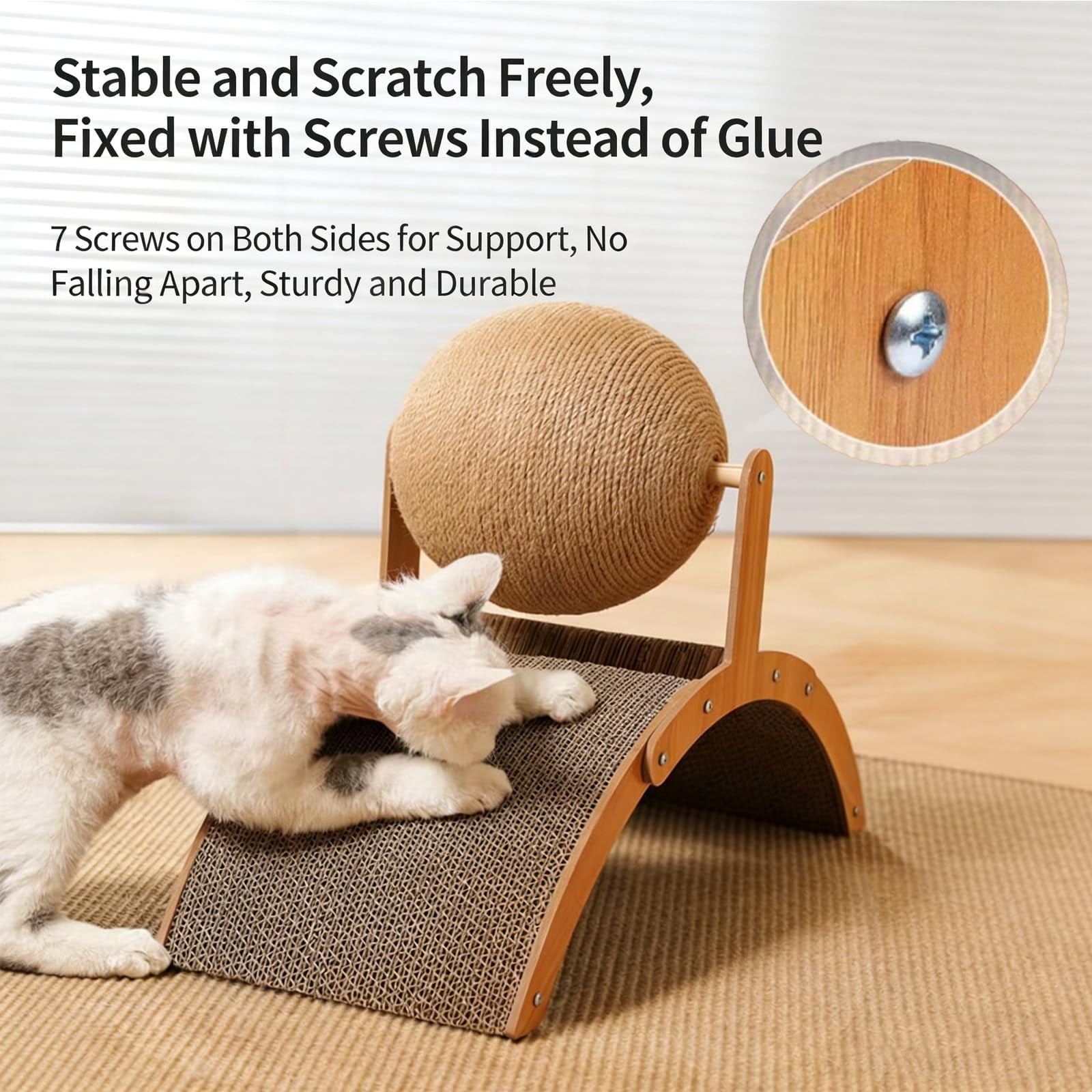 Cat Scratching Ball on Stand, 360° Rotating Sisal Ball on Solid Wood Stand, Interactive Scratching Toy for Indoor Cats