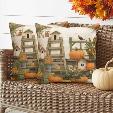 Fall Pumpkin Pillow Covers 2 Pack Orange Flower Bird Pastoral Farmhouse Pillowcase Waterproof Outdoor Throw Pillow Cover for Patio Garden Balcony Decorative Square Cushion 24 x24