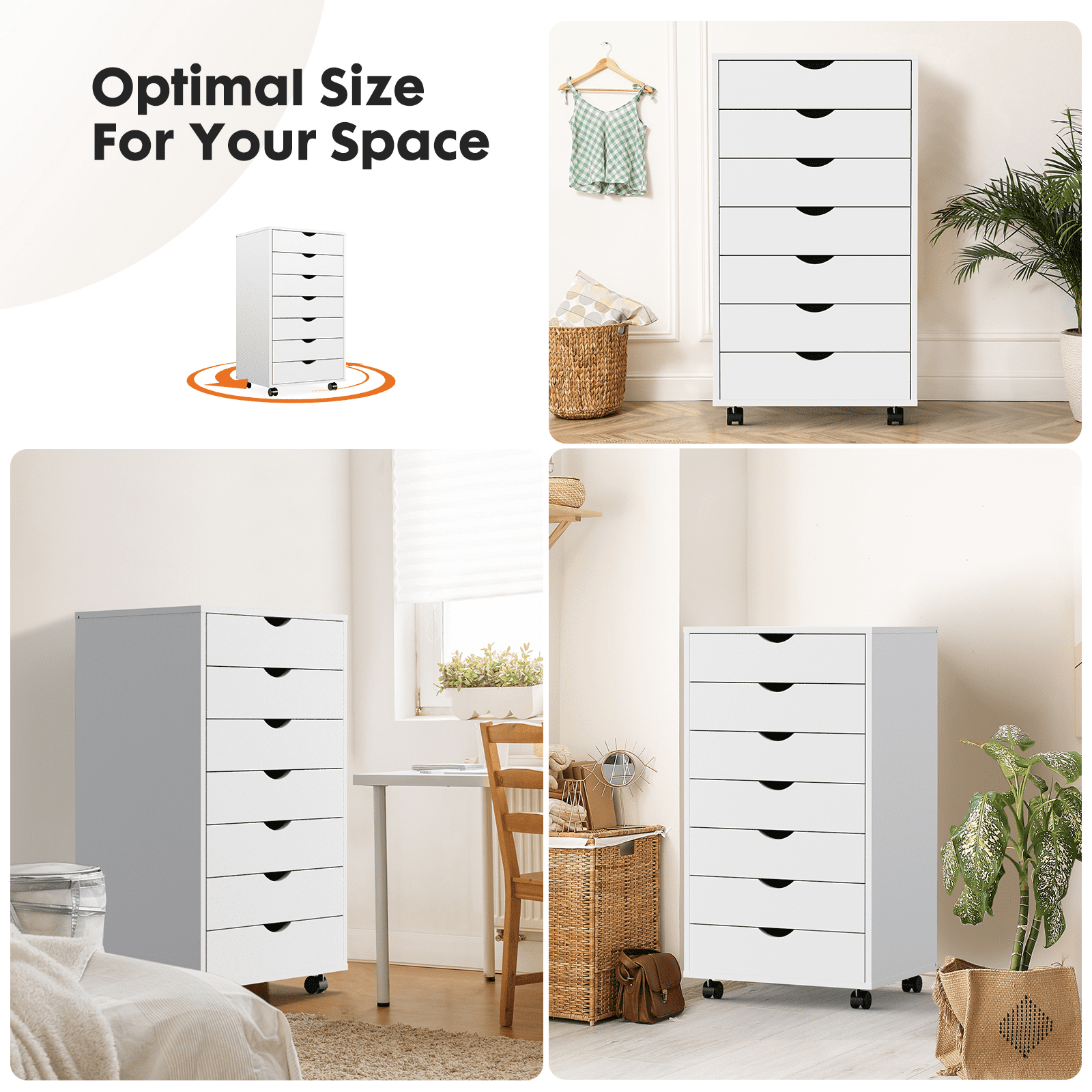 TrumanPick White Chest of Dresser with Wheels, 7 Drawer Dressers for Bedroom Storage Cabinets Wooden Dresser Mobile Cabinet Room Organizer, 18.7"D x 15.7"W x 34.2"H