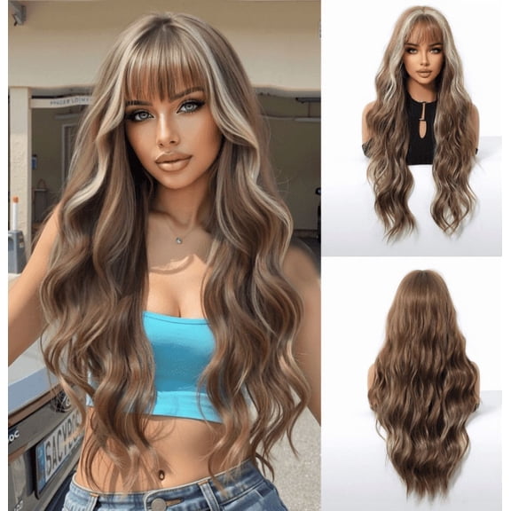 Mictong 28 inch long curly bangs wig, natural fluffy wavy wig, fashionable and cute bangs wig, soft high-temperature silk bangs wig, suitable for cosplay, 1 piece, Brownish silver
