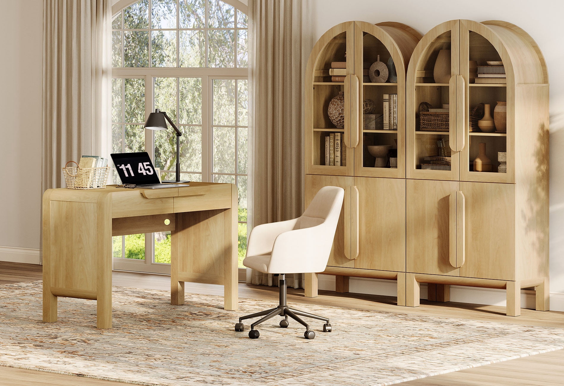 Home Office Set, 47" Modern Executive Desk with Charging Station and Drawers & 2 Piece 71"H Tall 5-Tier Arched Bookcases with Glass Door for Living Room, Bedroom, Home Office