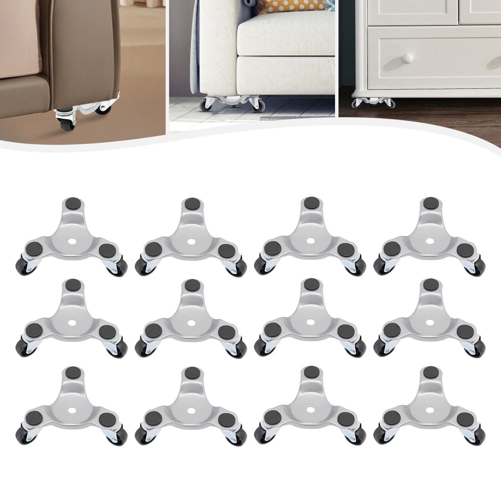 3 Wheel Iron Tri Dolly, 12-piece Set Furniture Moving Dolly Set, Silver Triangle Swivel Caster 360° Rotatable